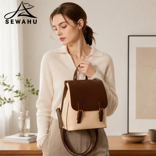 SEWAHU秋冬新款拼皮翻盖双肩包女