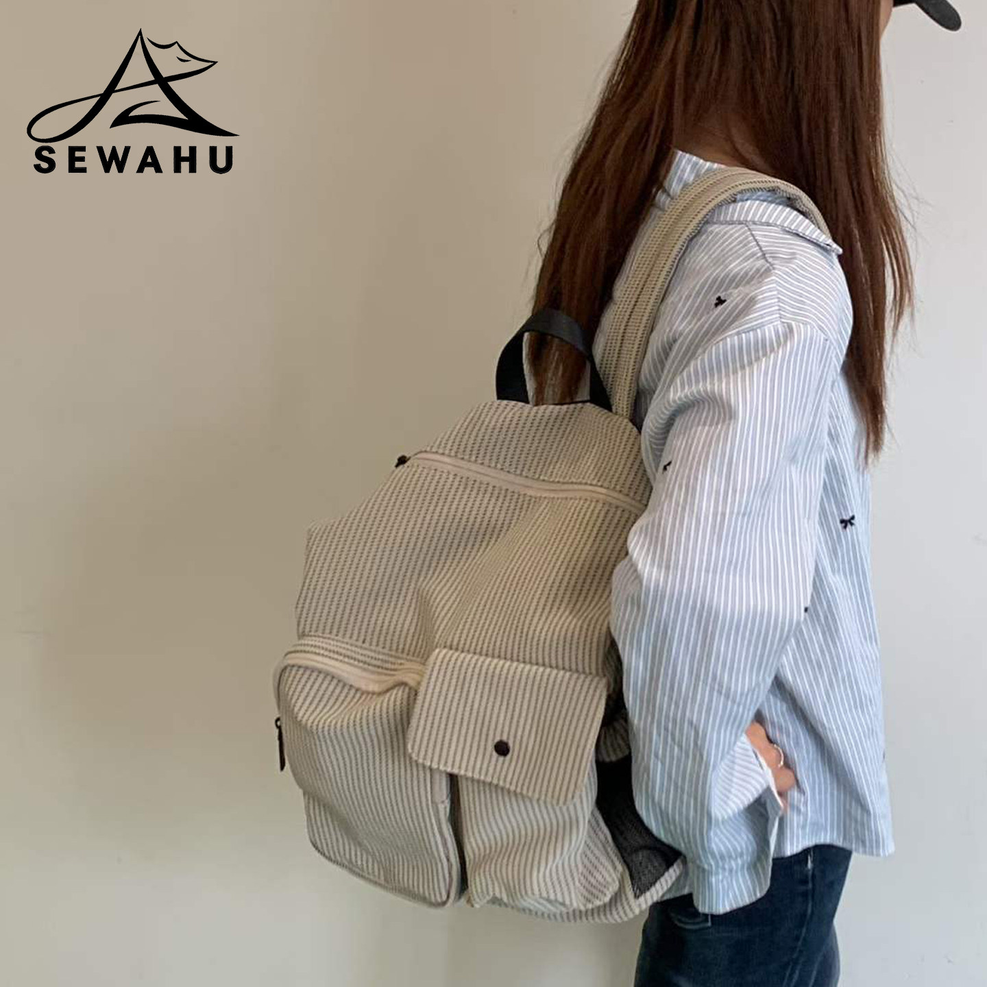 SEWAHU休闲双肩包女2026新款韩系小众轻便书包大容量通勤旅行背包