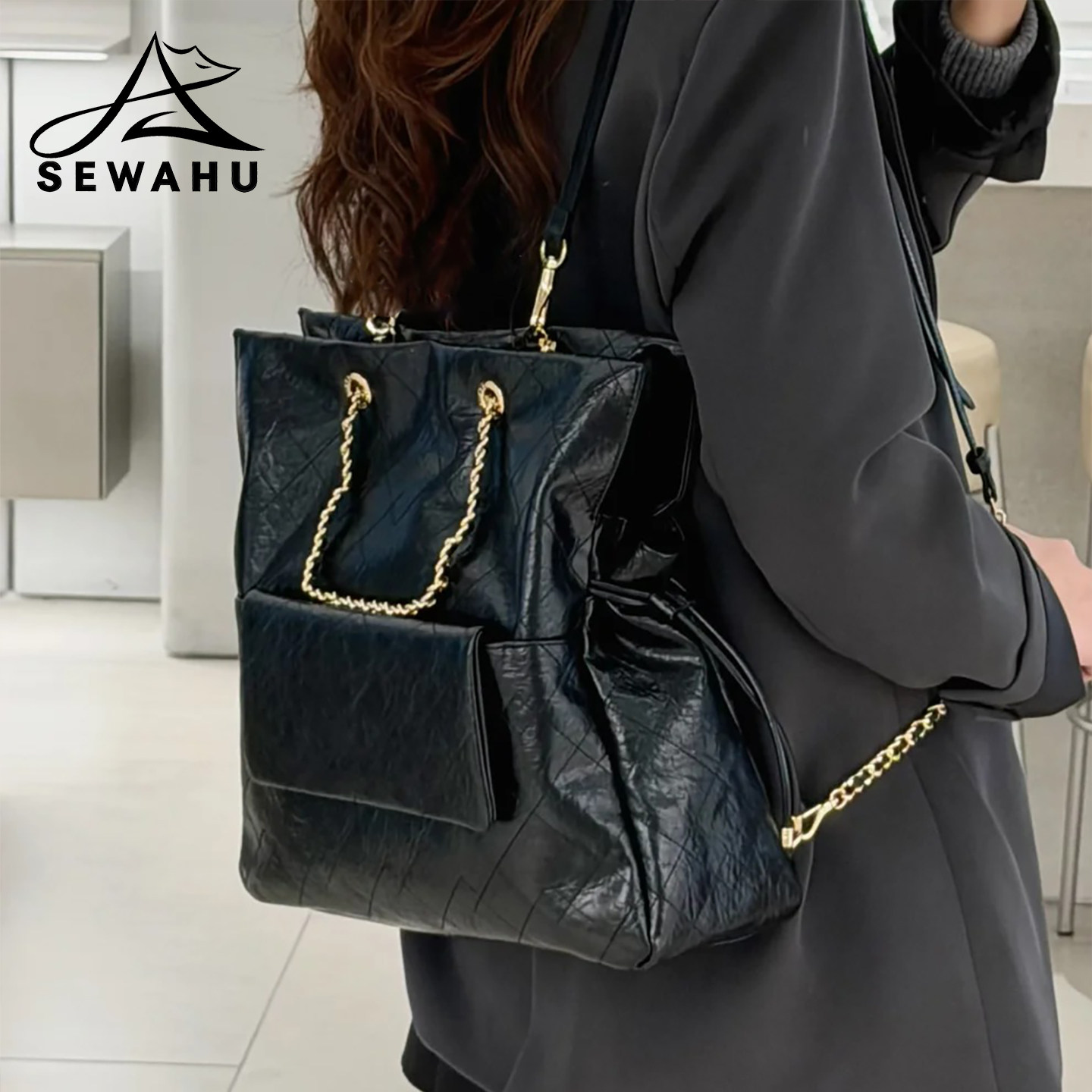 SEWAHU百搭双肩包女2026新款大容量通勤手提包抽绳链条轻奢单肩包