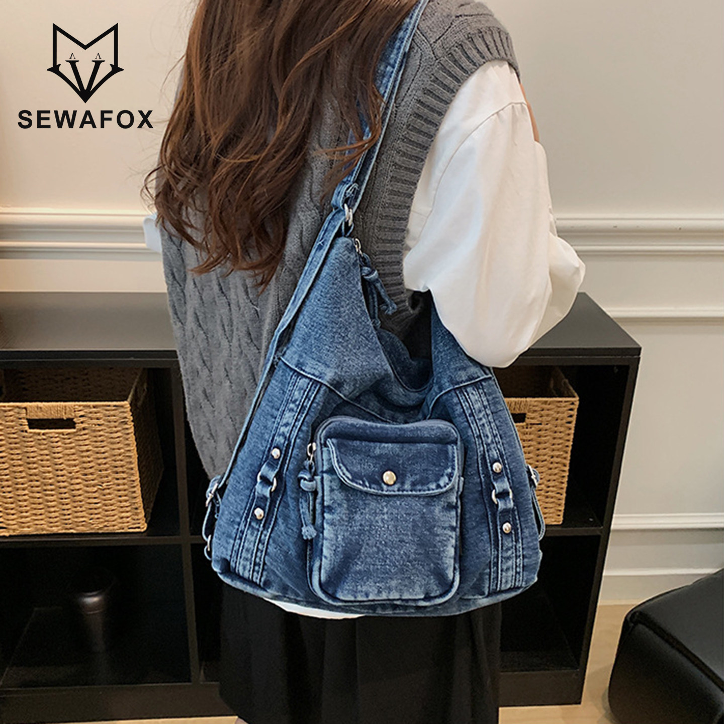 SEWAFOX牛仔双肩包复古单肩包
