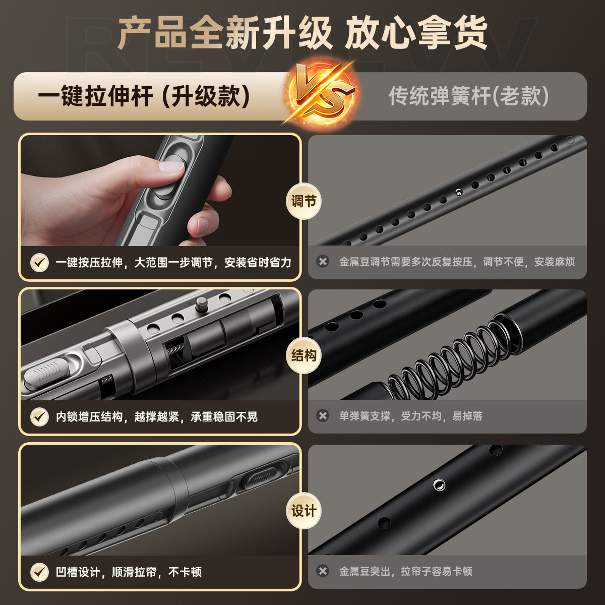 一键拉伸免打孔伸缩杆晾
