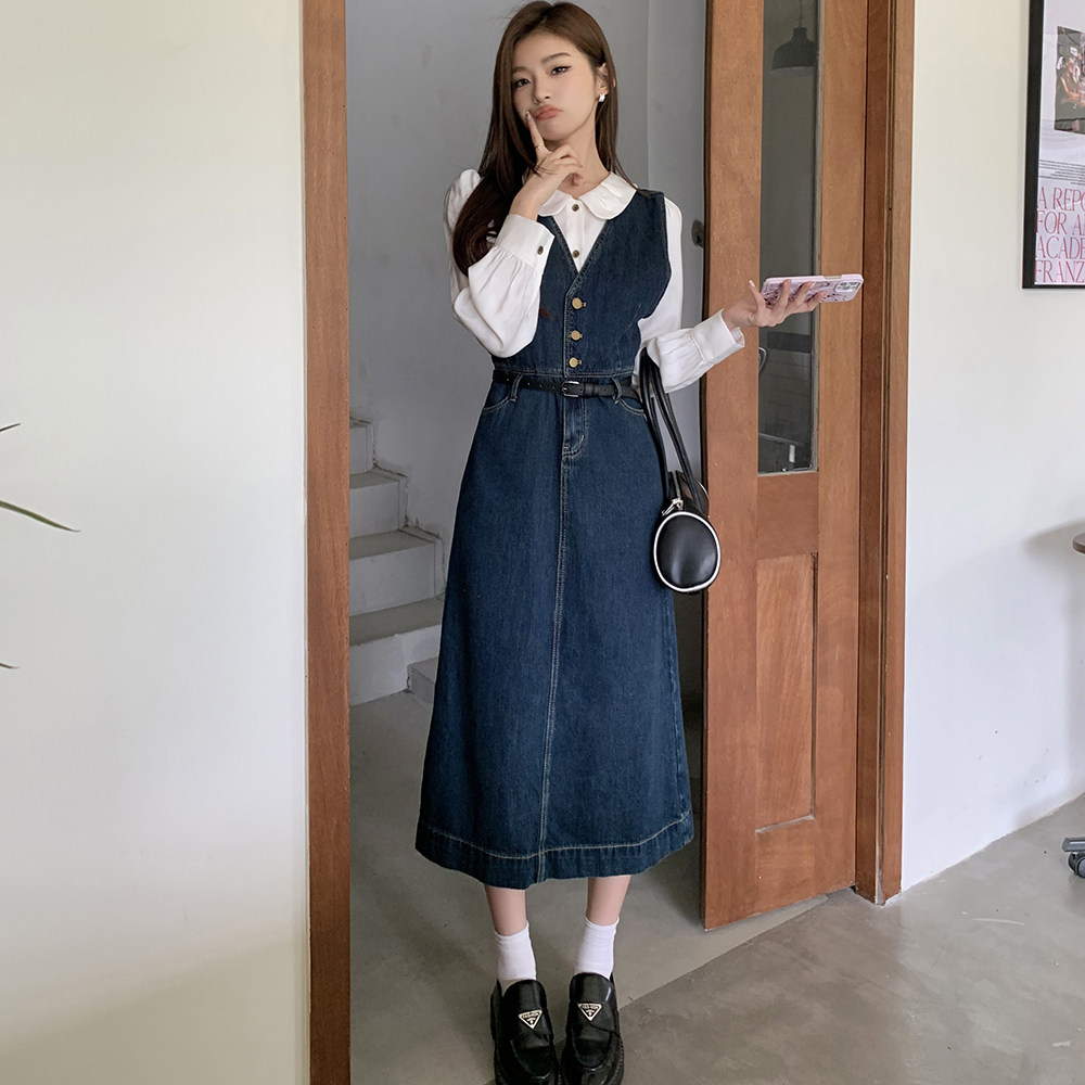 QYPRF 春夏新款休闲复古连衣裙V领牛仔背心裙 女款