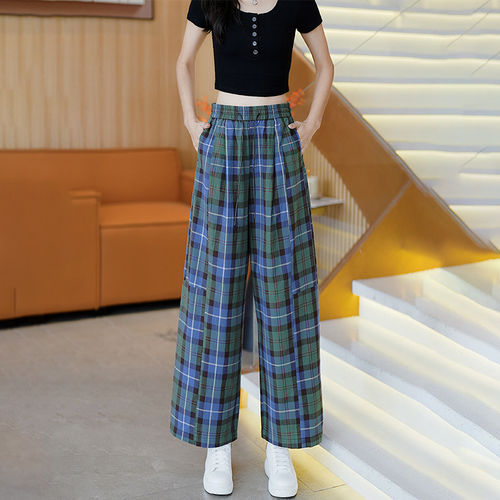 复古格纹阔腿九分裤女2026夏季新款松弛感高腰宽松显瘦百搭休闲裤