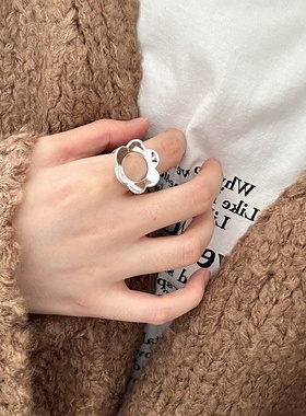 美汝仙 纯银镂空花朵戒指女韩版简约小众设计甜美气质开口指环轻