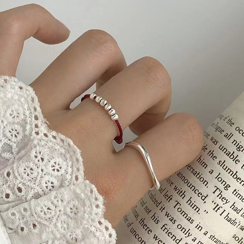 美汝仙 纯银猫眼珠车花球红绳戒指女手工设计抽拉式可调节指环轻