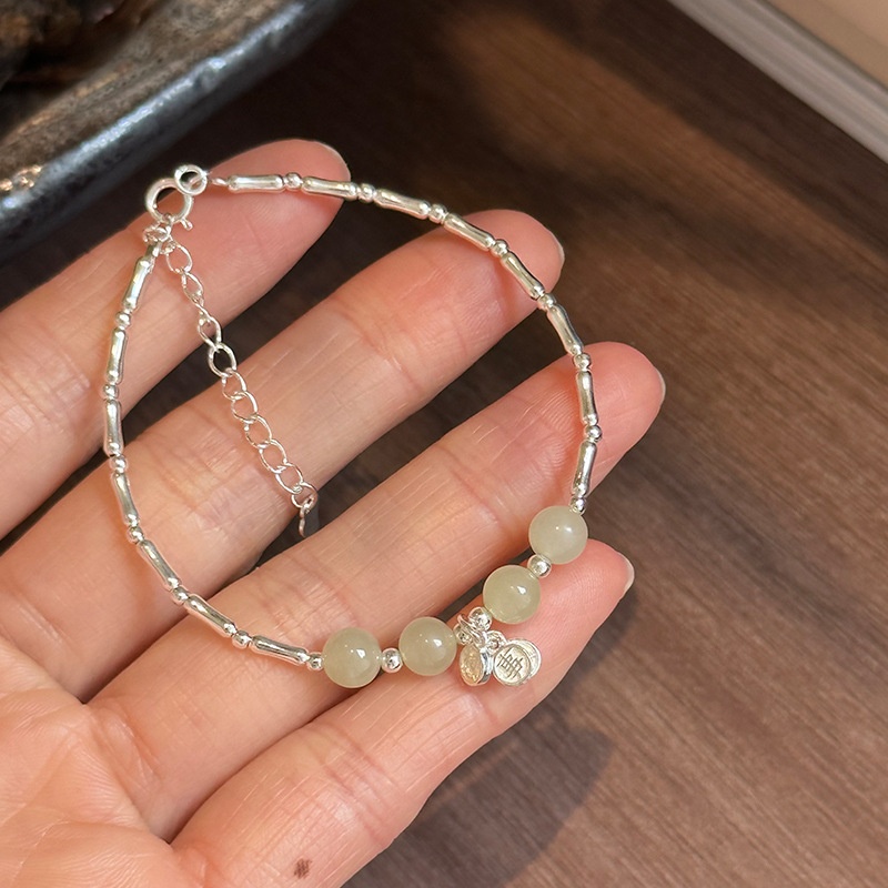 美汝仙 纯银心想事成和田玉竹节手链女简约新中式国风设计手环轻