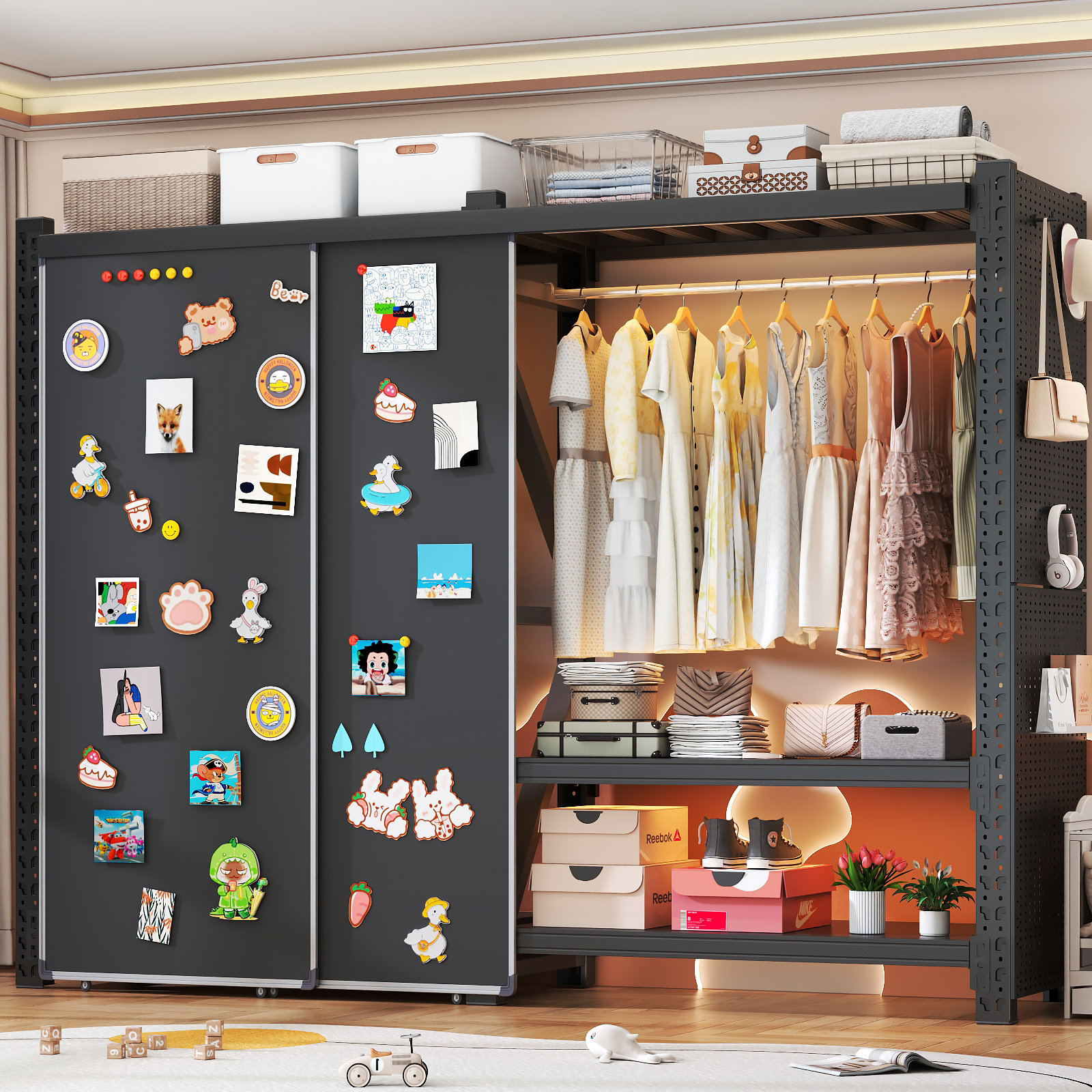 货架衣柜开放式衣架家用卧室简易组装落地衣柜出租房洞洞板挂衣架