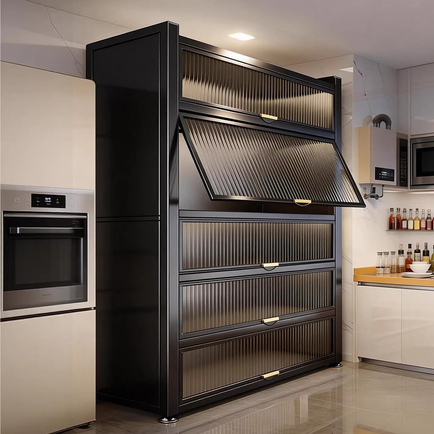 家用防尘收纳柜厨房置物架多功能钢制橱柜靠墙一体储物柜锅架碗柜