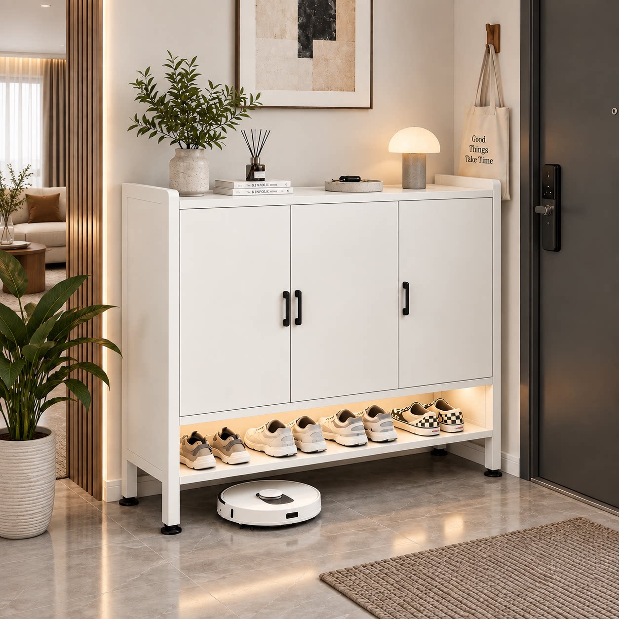家用钢制鞋柜入户玄关落地一体靠墙防尘置物架简易组装金属鞋架子
