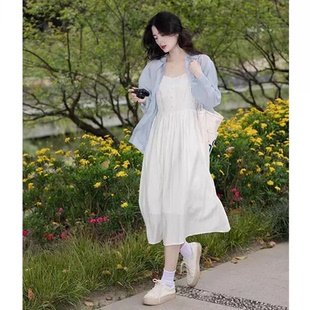 茵曼法式 收腰顯瘦a字連衣裙 純色提花肌理吊帶裙女士2024年夏新款