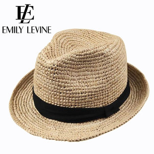 旅游度假海邊遮陽防曬草編帽爵士帽透氣 EmilyLevine拉菲草帽夏季