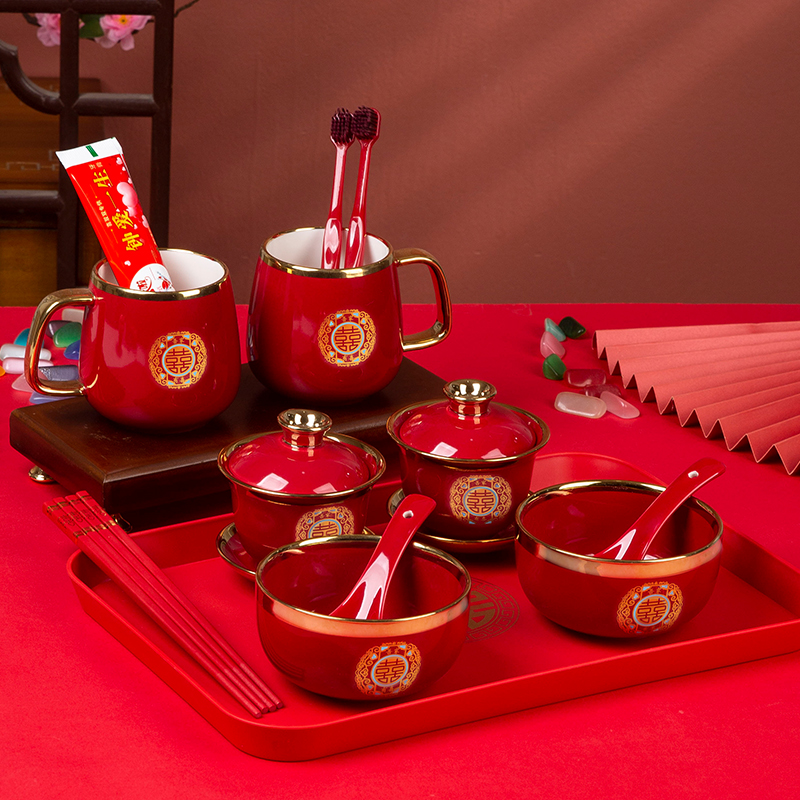 结婚改口敬茶杯一对喜碗套装
