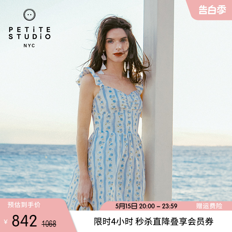 【吴谨言同款】Petite Studio夏Lettie蓝玫瑰印花法式田园连衣裙-封面