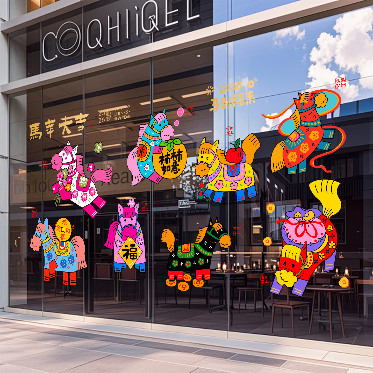 马年卡通八骏图可爱喜庆玻璃门窗花贴纸商场酒店学校新春氛围布置