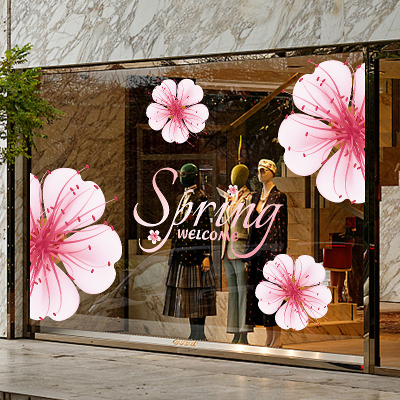 春天樱花橱窗装饰玻璃门贴纸粉色花瓣商场服装店春季氛围布置静电