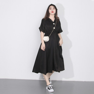 遮肚遮胯裙子夏季 大码 胖mm宽松显瘦松紧腰收腰雪纺连衣裙女中长款