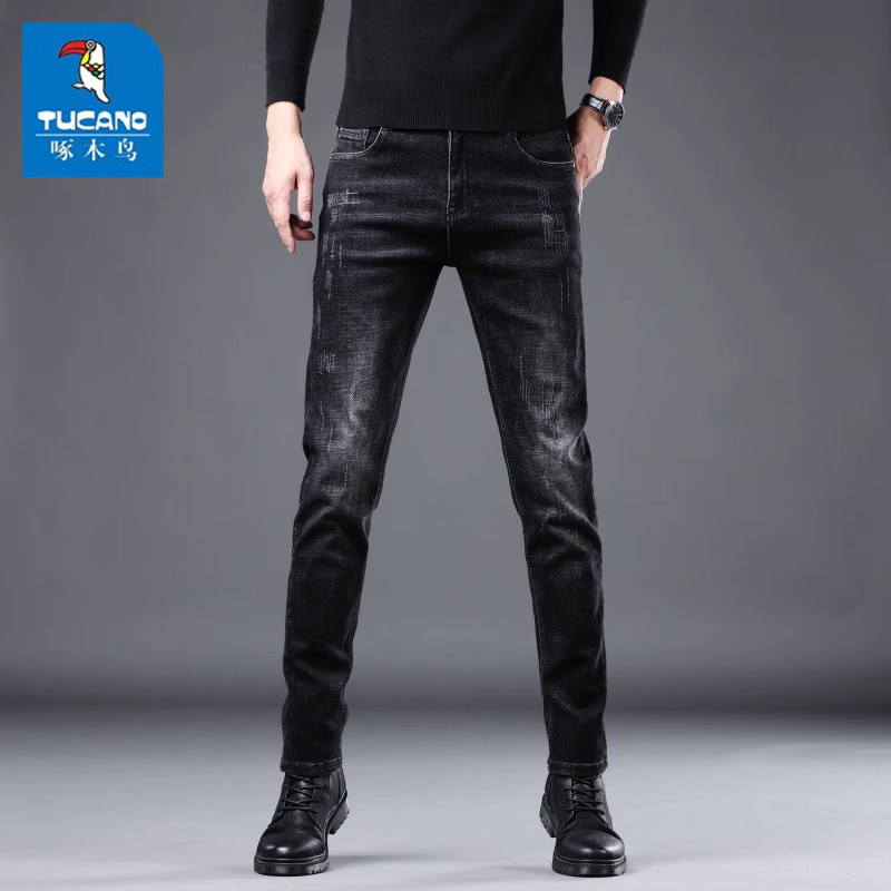 啄木鸟2025秋冬季新款男士牛仔裤黑色潮牌修身直筒潮流休闲长裤子
