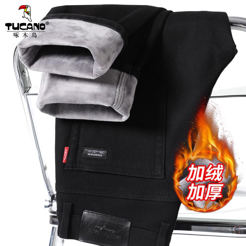 啄木鸟黑色加绒加厚牛仔裤男2025冬季新款直筒修身保暖长裤子男款