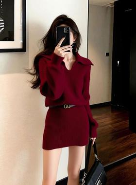 红色翻领针织包臀连衣裙女秋冬巨好看小个子收腰毛衣短裙2025新款