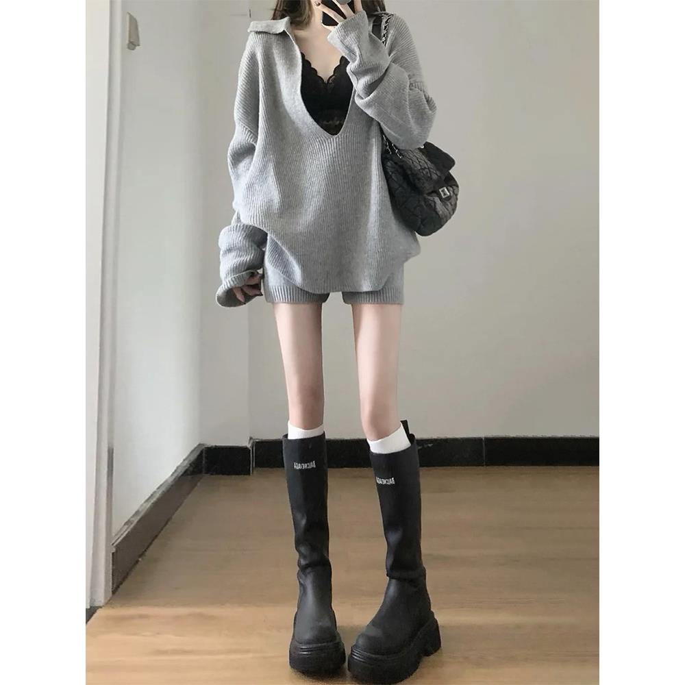 早秋灰色针织毛衣套装连衣裙