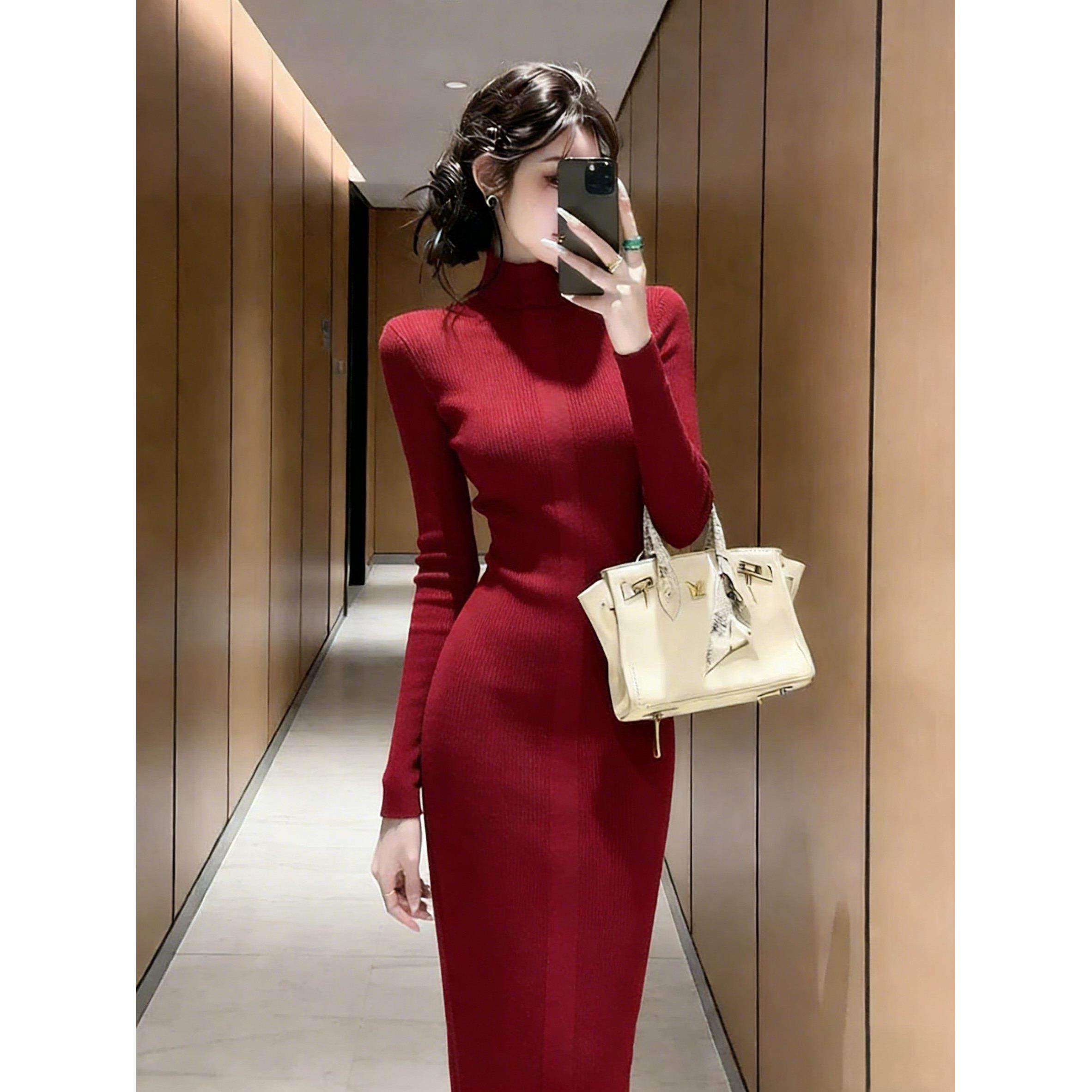 法式复古红色高领针织连衣裙女秋冬新款高级性感修身打底包臀长裙,女装/女士精品,连衣裙,淘宝优惠券,粉丝福利购,淘宝优惠卷