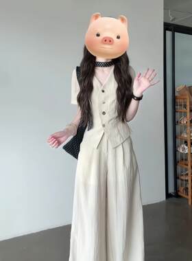 老钱风白色亚麻西装阔腿裤套装