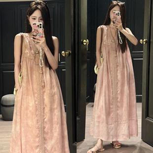 洋气天丝亚麻V领无袖背心连衣裙女夏天巨好看设计感休闲宽松长裙