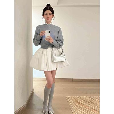 韩风chic套装灰色针织开衫蓬蓬