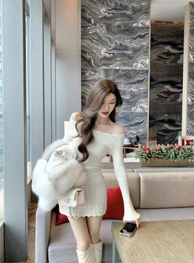 富家千金一字肩镂空针织连衣裙女秋冬收腰气质设计感内搭打底短裙