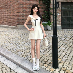 法式 显瘦短裙 千金风甜美娃娃领蝴蝶结连衣裙女夏季 设计收腰感修身