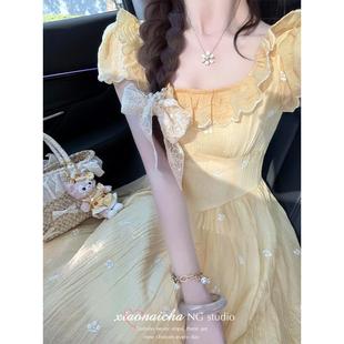 仙女长裙子 法式 黄色小飞袖 碎花连衣裙女夏季 高级感收腰显瘦泡泡袖