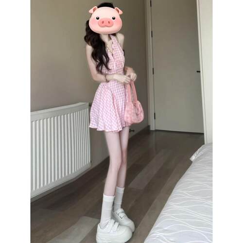 夏季韩系甜美粉色格纹挂脖连衣裙