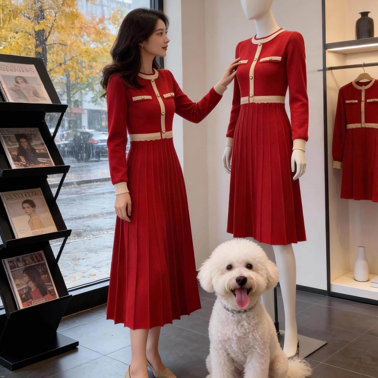 小香风秋冬季圆领针织连衣裙收腰过膝毛衣A字裙订婚红色内搭长裙,女装/女士精品,毛针织衫,淘宝优惠券,粉丝福利购,淘宝优惠卷