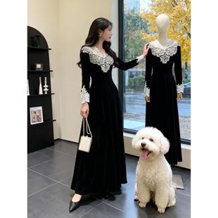 法式赫本宫廷风设计感显瘦晚礼服高级感黑色蕾丝拼接连衣裙女秋冬