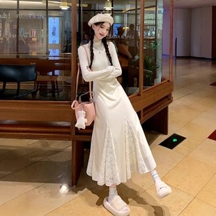 白色高领针织连衣裙女秋冬加绒配大衣内搭打底修身 鱼尾毛衣长裙子