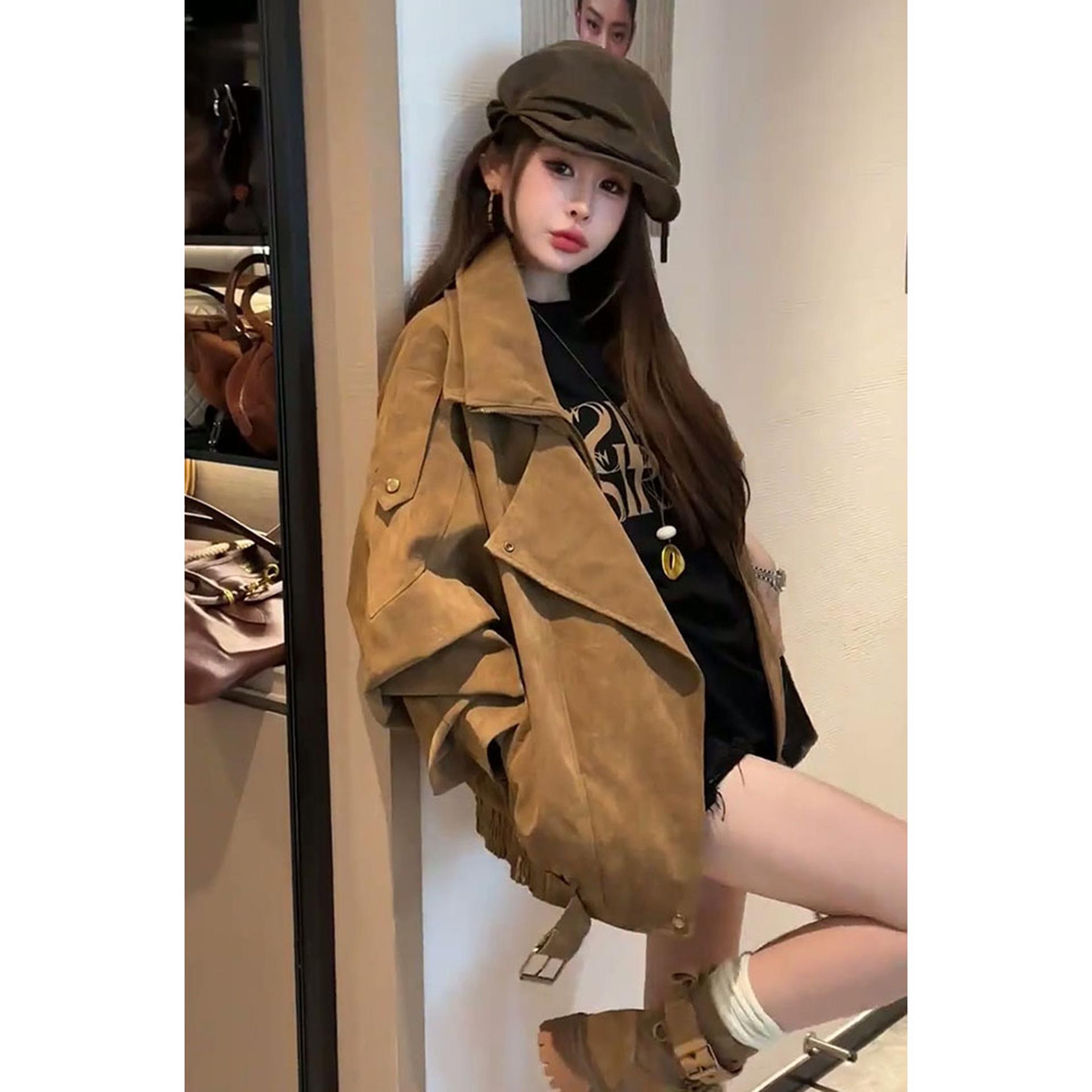 美拉德复古棕色机车麂皮外套