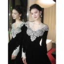 秋冬法式 复古黑色丝绒蕾丝拼接连衣裙女高级感气质名媛风显瘦长裙