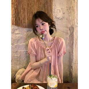 韩系少女感粉色泡泡袖短袖衬衫女巨好看高级感减龄甜美娃娃衫上衣