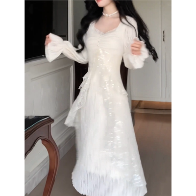 富家千金高级感穿搭加绒连衣裙