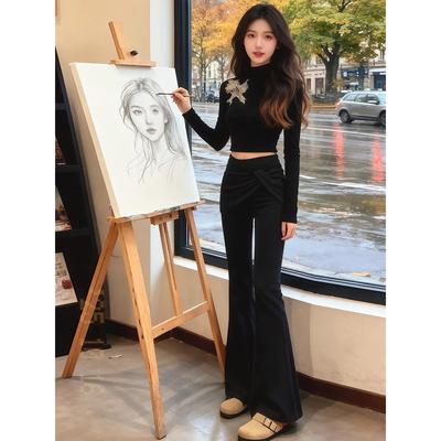 黑色修身短款针织衫套装