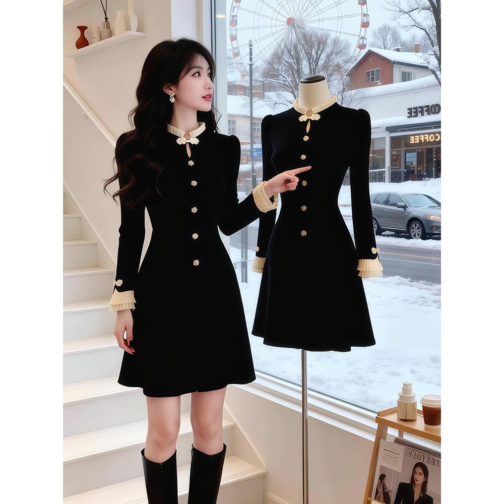 法式气质黑色小香风连衣裙女士春秋季大码收腰显瘦欧货高级感裙子