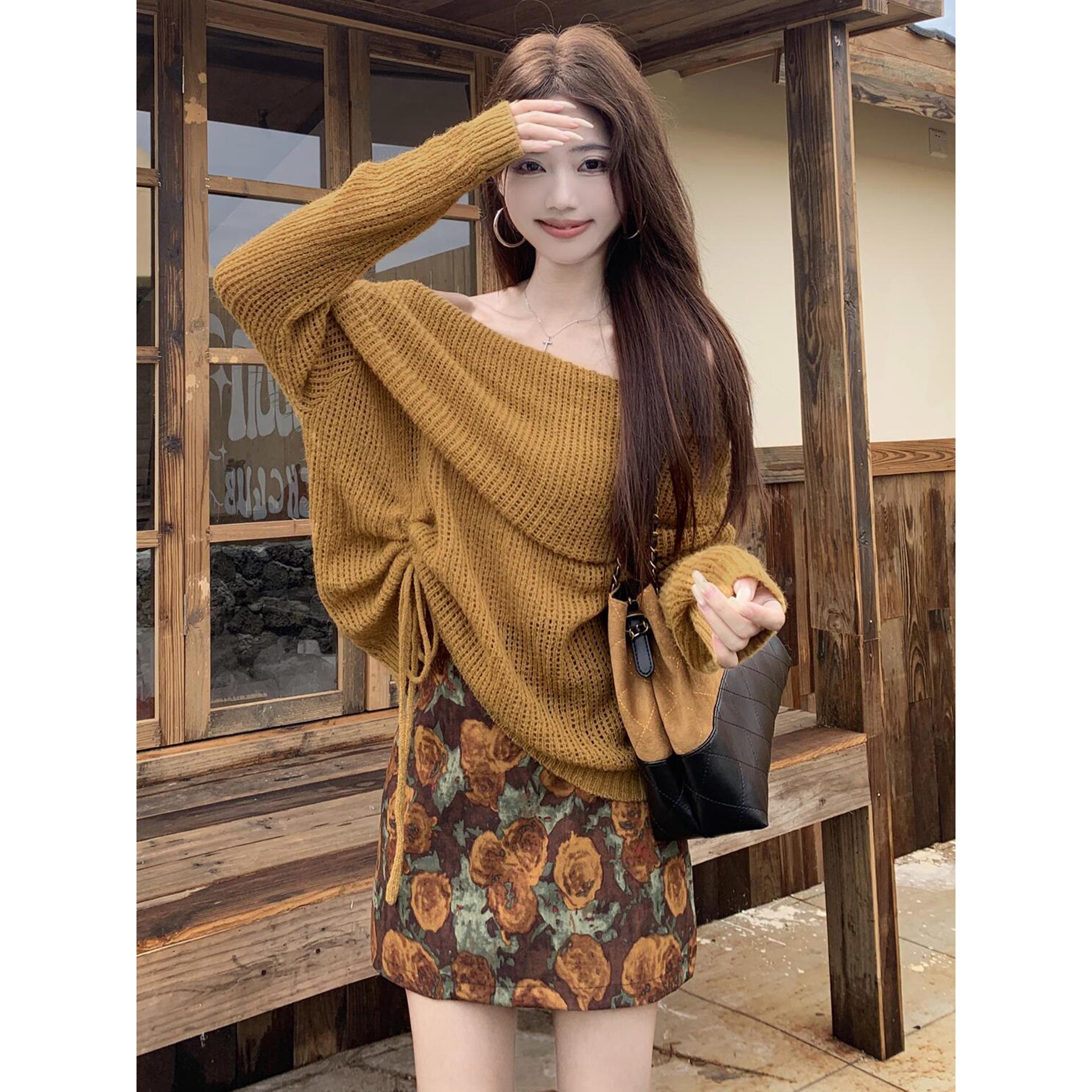 一字肩长袖碎花套装裙子女