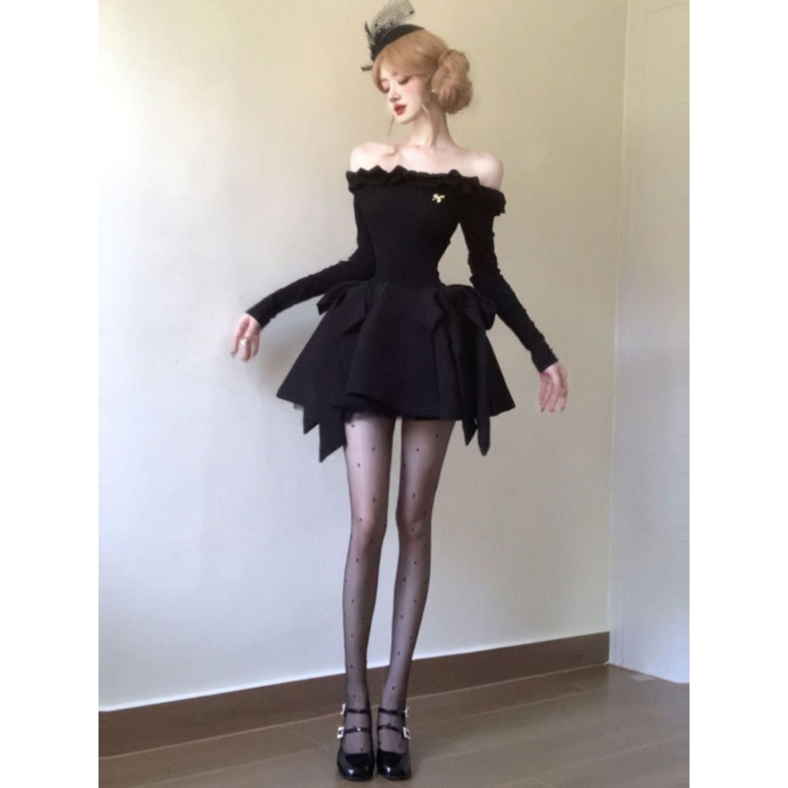 性感黑色一字肩连衣裙女