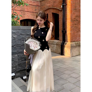 小众设计感立体花拼接连衣裙女夏季miu系千金无袖背心长短裙礼服