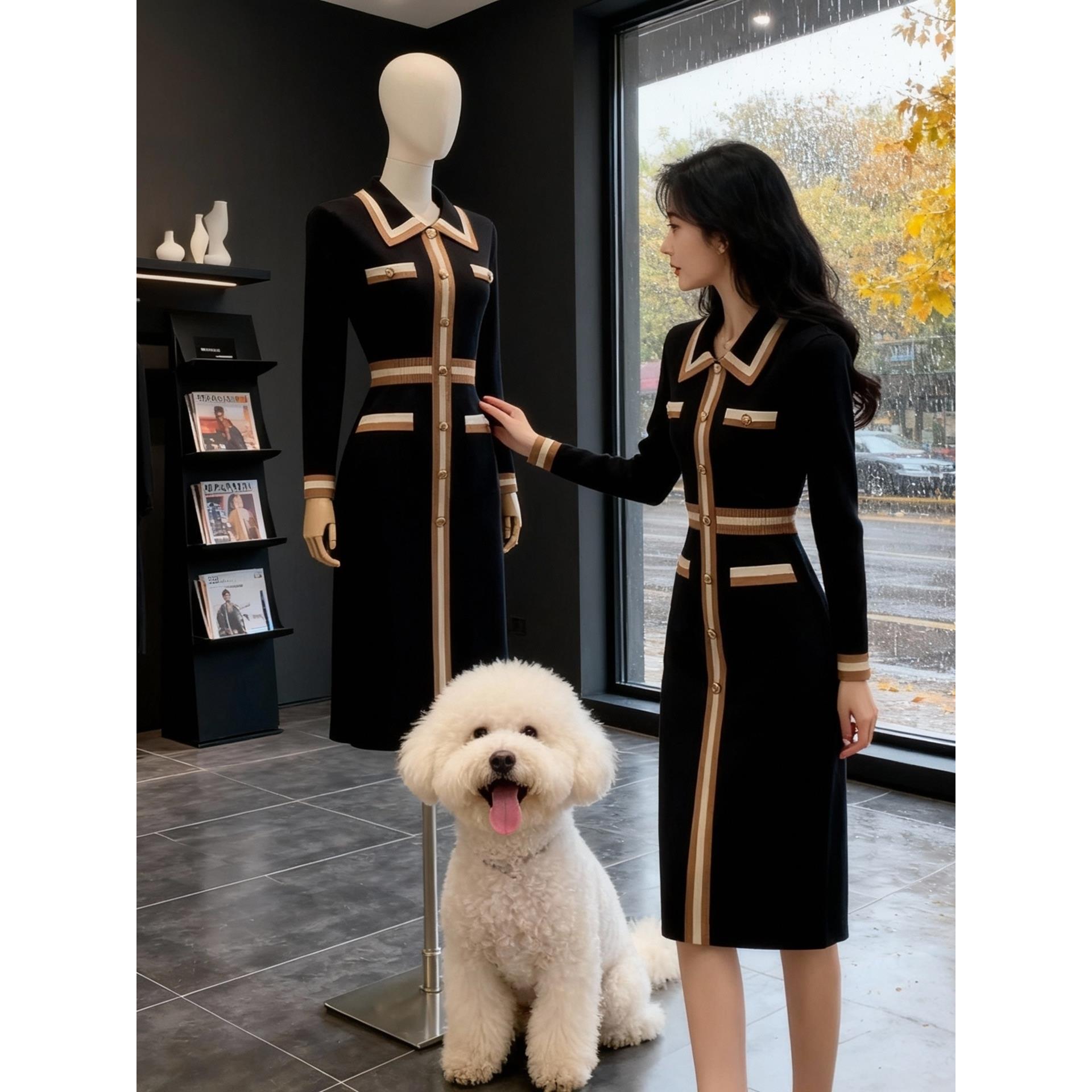 秋冬小香风翻领针织连衣裙