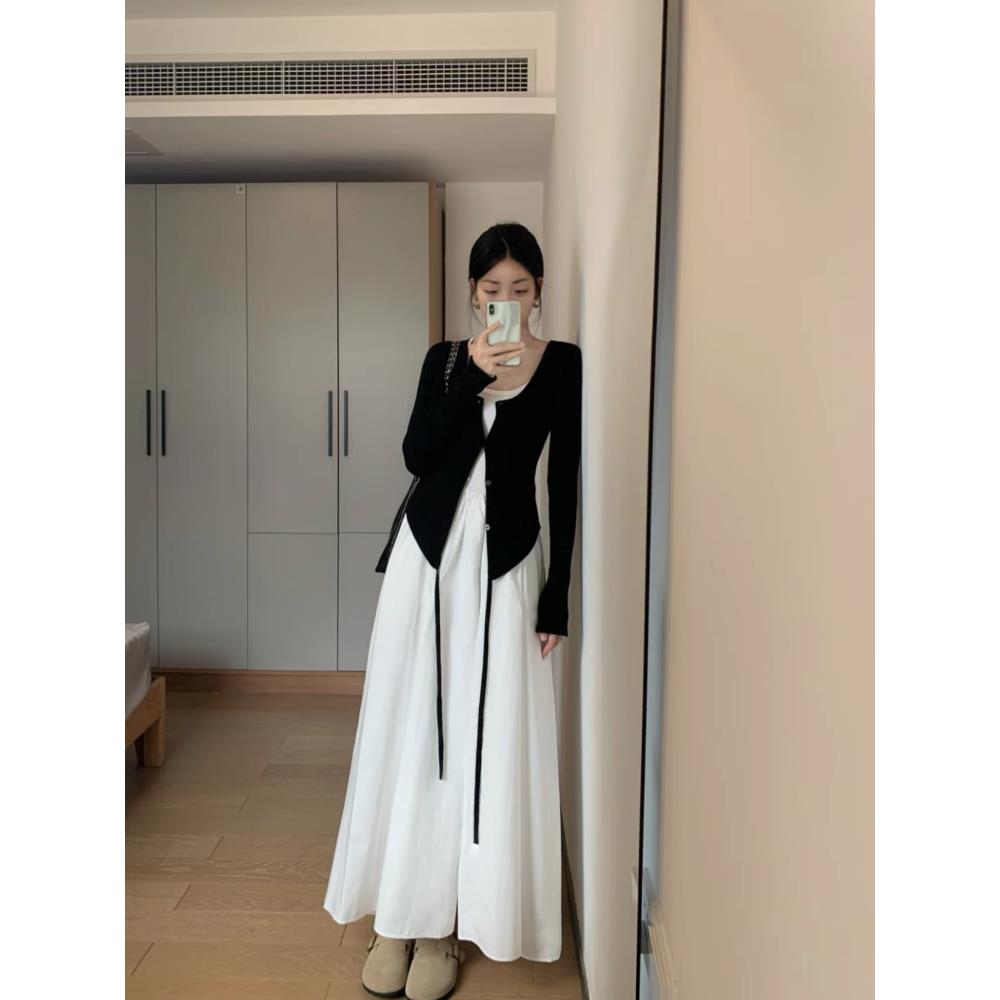 韩风chic极简吊带白色连衣裙女开春穿搭套装2025气质高级感长裙子
