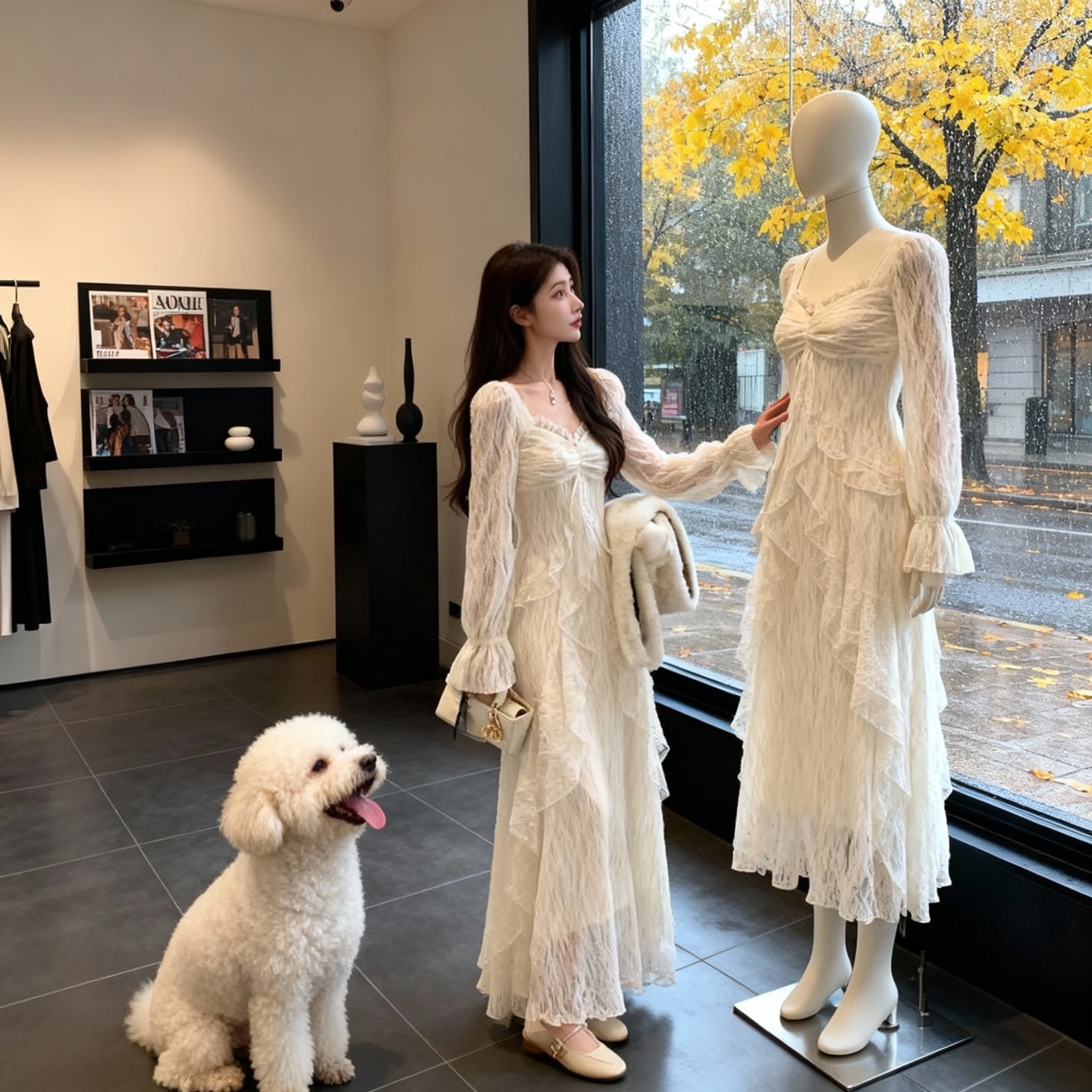 法式温柔风V领蕾丝荷叶边白月光连衣裙女秋冬高级感加绒加厚长裙