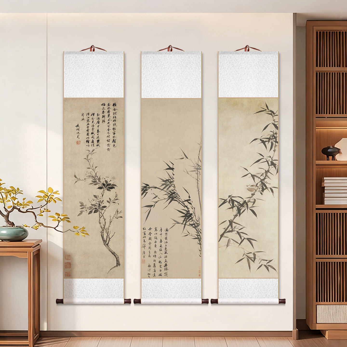 沈周折枝海棠图卷轴挂画中式竹子梅花装饰画客厅书房玄关中古壁画