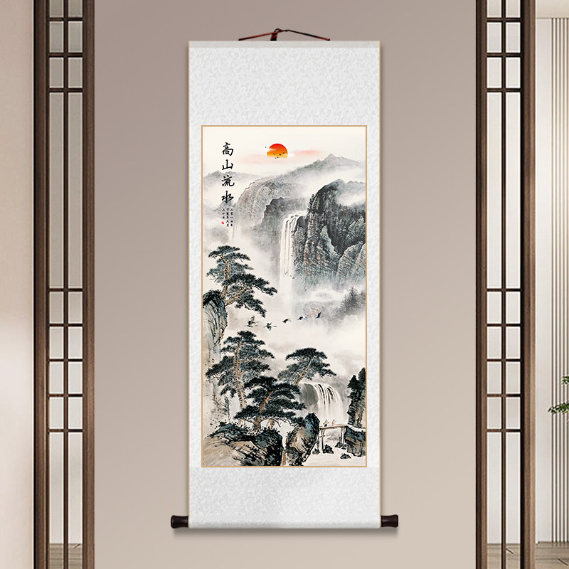 迎客松玄关画办公室字画名家山水画高山流水卷轴挂画书房茶室壁画