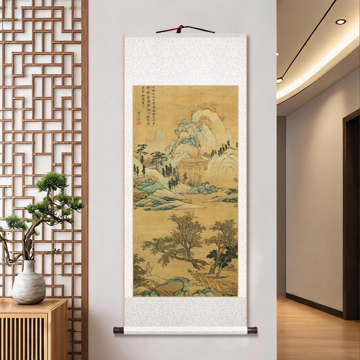宋代美学青山红树图客厅卷轴挂画